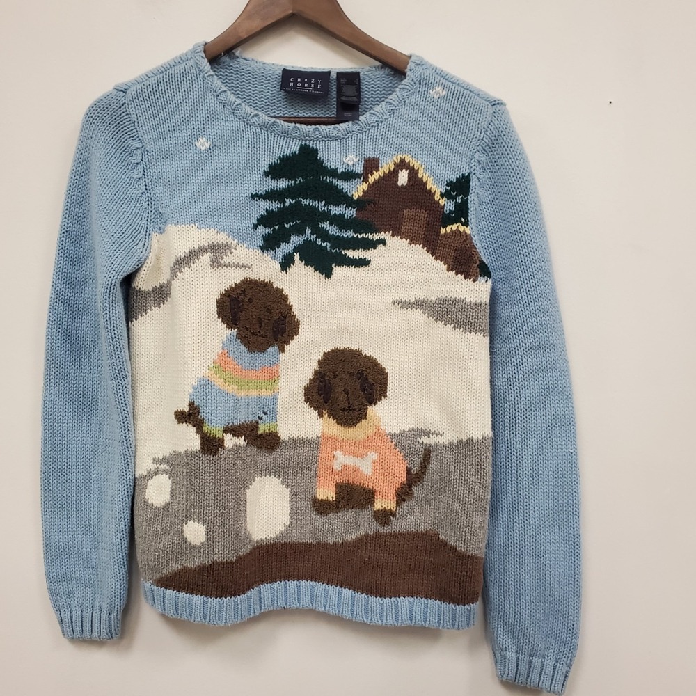 Vintage Crazy Horse Womens Dog Winter Scene Pullover Sweater Size S Ramie Cotton